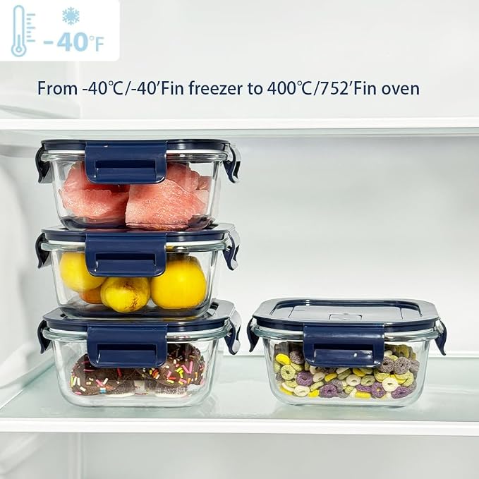2 Cup Square Glass Food Containers set, Small Square Food Storage Containers With Airtight Lids, BPA free 16oz small Glass Meal Prep Bowls, Dishwasher, Microwave, Freezer Safe (Dark Blue)