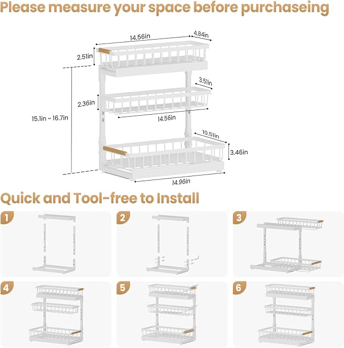 Under Sink Organizer and Storage for Bathroom and Kitchen - 1 Pack 3 Tier | Cabinet Pull Out Shelf Organizers - Slide Out Drawer Organization for Home Cabinets Shelves and Drawers