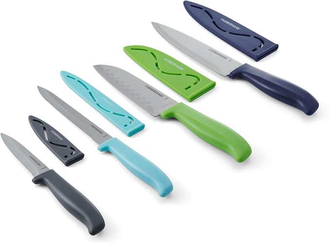 Farberware Chef Knife Set with Colorful Handles, Stainless Steel Blades with Blade Covers Included, Versatile Kitchen Knives, 4-Piece
