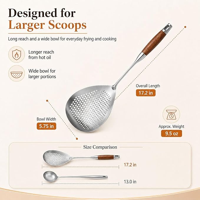 Wooden Handle Stainless Steel Skimmer, 16.8 Inch Metal Slotted Frying Spoon Spider Strainer for Deep Frying, Deep Fryer Scoop Ladle Kitchen Cooking Colander with Walnut Wood Handle(5pc)