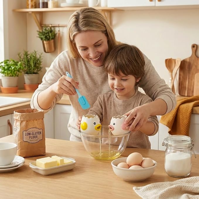 Upgraded 2X Faster Egg Separator Set, 2 Ceramic Chick Separators with 2 Silicone Flow-Assist Scraper, Fast Egg White/Yolk Separation for Efficient Kitchen Prep