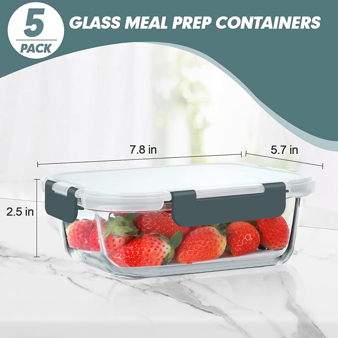 30 oz 5 Pack Glass Meal Prep Containers with Lids, Green | Glass Food Storage Containers with Lids, Airtight Lunch Box, BPA-Free, Dishwasher, Microwave, Oven and Freezer Safe