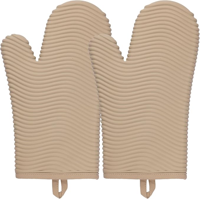 YUTAT Silicone Oven Mitts,Waterproof Cooking Gloves with Soft Polyester Filling,Kitchen Potholder Set,Perfect for BBQ,Home Baking and Cooking,2 Pcs Set,Beige