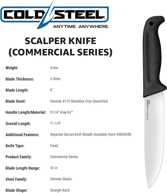 Cold Steel Scalper Knife | 6" Durable German 4116 Stainless Steel Fixed Blade Knife with Non-Slip Kray-Ex Handle | Precision Cutting Tool for Chefs, Butchers & Outdoor Use | Commercial Series