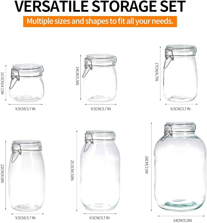 3 Pack 51oz Food Storage Jars with Airtight Lids, Preserving Seal Wire Clip Fastening Glass Containers, Canisters for Kitchen Organization, Flour, Cereal, Pasta, Sugar, Beans, Pickling Jars(51 Oz*3)
