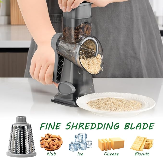 Cheese Grater Hand Crank Rotary Vegetables Shredder with Handle | 3-in-1 Graters, Interchangeable Blades, Non-slip Base, Multifunctional Slicer