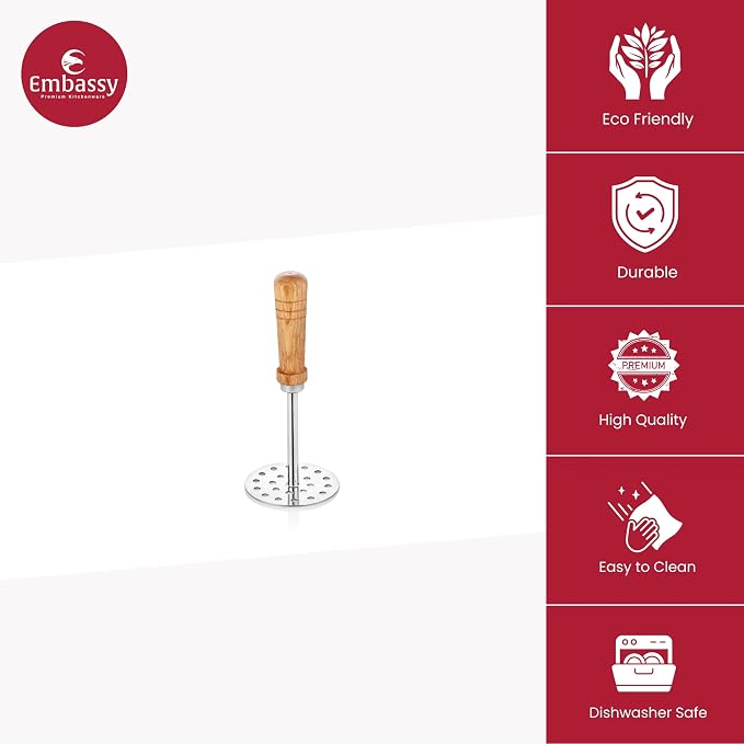 Embassy Stainless Steel Vegetable/Potato/Pav Bhaji Masher with Wooden Handle Size 3 Pack of 1 8.5 cms