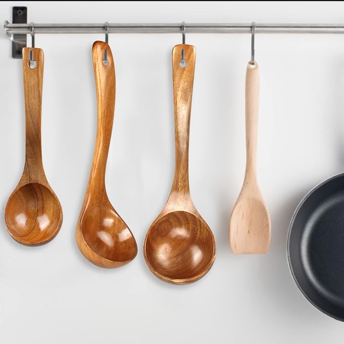 3 Pack Wooden Ladles for Serving Spoon Soup Ladle Wood Spoons for Cooking Ladel Large Spoon Kitchen Tools Ladles Big Spaghetti Spoon Laddle Non Toxic Soup Spoons Teak deep Ladle