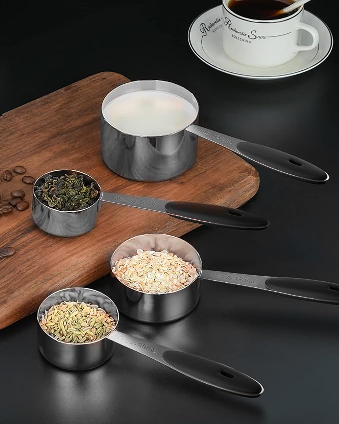 JOYHILL Measuring Cups and Spoons Set 304 Stainless Steel 10-Piece Black | BPA-Free Silicone Handles, Etched Markings, Nestable Design, Dishwasher Safe for Dry & Liquid Ingredients