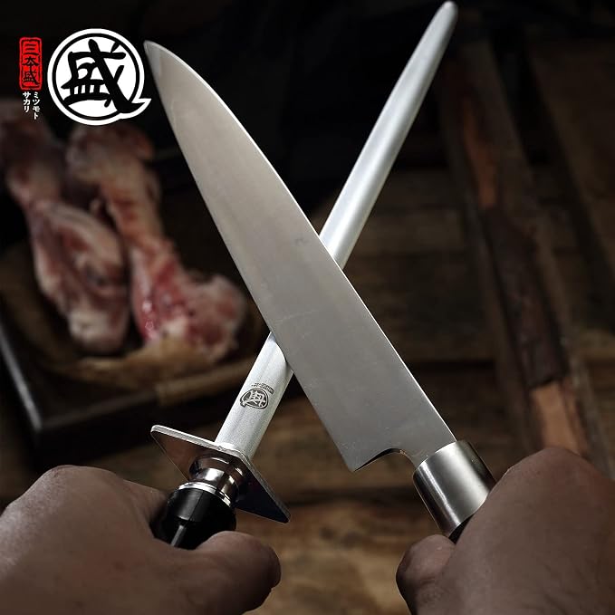 MITSUMOTO SAKARI 10-Inch Flat Diamond Knife Sharpening Rod, ABS Handle | Flat diamond surface for broader blade contact, high carbon steel rod, ABS handle and built-in magnet