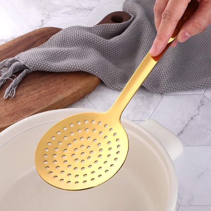 6 Pcs Gold Skimmer Spoon, Stainless Steel Titanium Plated Slotted Ladle Spoon Set Multi-functional Hot Pot Fat Strainer, Kitchen Cooking Utensil Dishwasher Safe(13 inches/33cm)