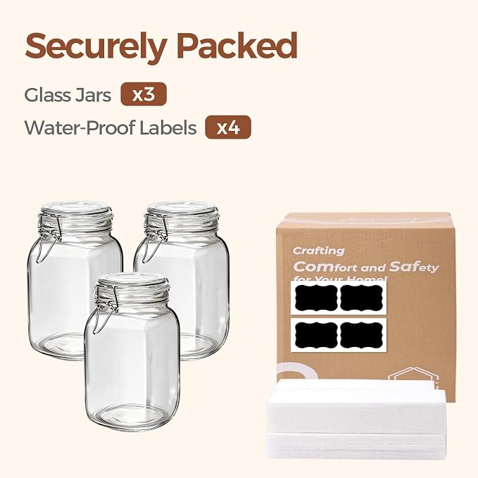 ComSaf Square Glass Jars with Airtight Lids 51 oz 3 Pack Wide Mouth | Flour sugar rice, Kimchi pickling, Sourdough pickling, Pantry organization, Dry food storage, Kitchen storage canister