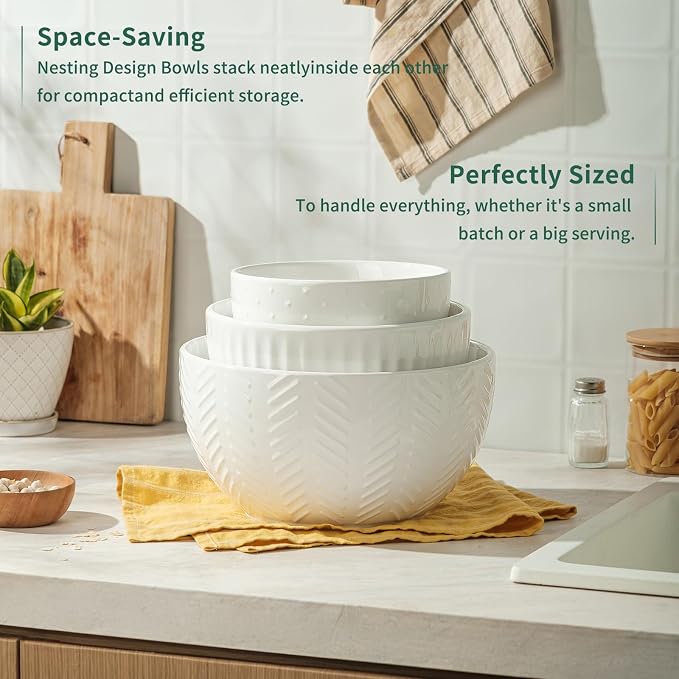 HAPPY KIT Ceramic Mixing Bowls Set, 5/3/1.5qt Set of 3 | For Kitchen, Large 5/3/1.5 Quart, Prep Serving Bowl for Baking and Mixing Salad, Oven, Microwave and Dishwasher Safe