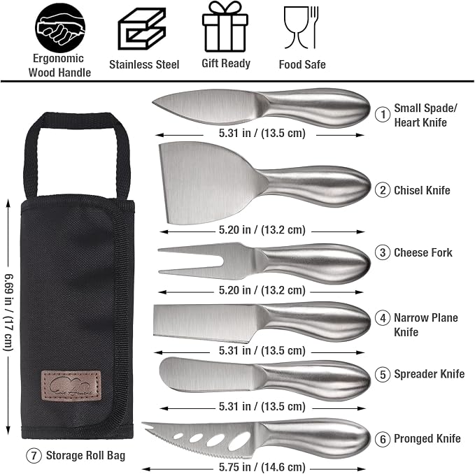 6-Piece Cheese Knife Set, Premium Stainless Steel Cheese Knives for Charcuterie Board for Cutting Hard Medium Soft Cheese, Mini Metal Cheese Cutter Knife Butter Knife with Storage Bag Gift Set