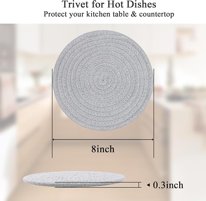 SHACOS 8 Inches Trivets for Hot Dishes, 4 Pieces Heat-Resistant Trivets Mats for Kitchen, Cotton Pot Holders for Hot Pots and Pans, Hot Pads for Countertops and Table, Gray and Light Gray