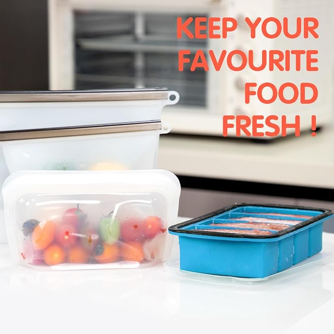 Aichoof 1 Cup Extra Large Silicone Cube Freezing Trays with Silicone lid for soup saver, Silicone Freezer Container for broth,sauce or butter -makes 4 great portions 1cup ice Cube(2 PACK, Blue)