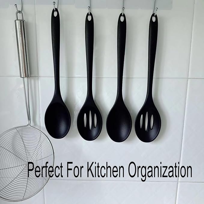 Silicone Cooking Spoon, Nonstick Kitchen Spoons Set for Cooking,Slotted and Solid Serving Spoon Heat Resistant, Silicone Mixing Basting Stirring Spoons for Nonstick Cookware 4 Pack (Black)
