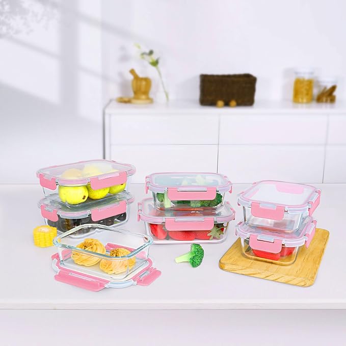 M MCIRCO 10 Pack Glass Food Storage Containers with Lids, Pink | Glass Meal Prep Containers,Airtight Lunch Containers with Lids, Microwave, Oven, Freezer and Dishwasher Friendly, BPA Free