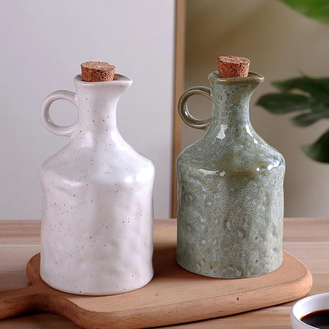 White Ceramic Olive Oil Dispenser with Cork Stopper 13.5 Oz Hand crafted | Reactive Glaze Texture Oil Pot, Leak - Proof Small Hole Spout for Kitchen, Ideal for Vinegar, Wine, Soy Sauce, Lemon Juice