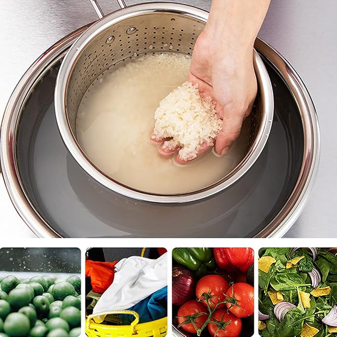Stainless Steel Perforated Metal Colander Strainer with Long Red Handle Sieve Sifters Use for Kitchen Food Pasta Noodles Spaghetti Vegetables Silver - 10.24 inch (C072-Mer-26)