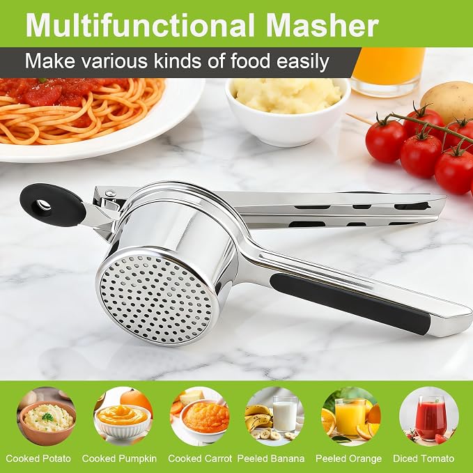 Potato Ricer Stainless Steel, Heavy Duty Potato Masher with Ergonomic Handle, Large 3 Interchangeable Discs Ricer for Mashed Potatoes Dishwasher Safe, Efficiently Make Fluffy Smooth Mashed Potatoes