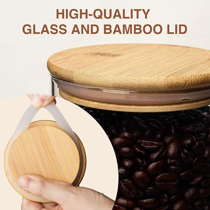 SHOWIN 53oz Glass Food Storage Jars, Glass Jars with Bamboo Lids, Kitchen Storage Jars, Set of 4, Canisters with Airtight Lids for Spice, Coffee, Cookie, Pantry Organizers