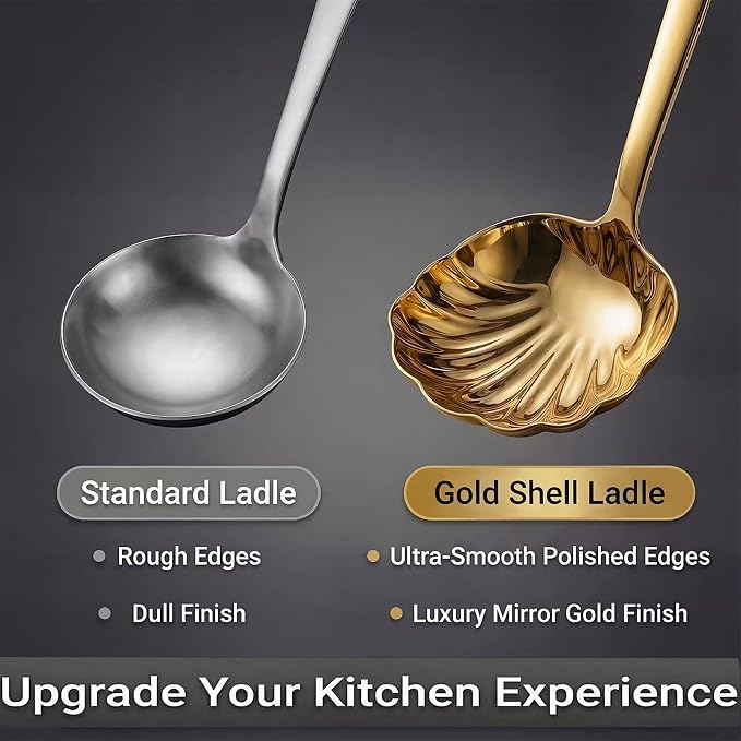 Gold Soup Ladle Set of 2, Premium 18/10 Stainless Steel Sauce Ladle with Artistic Shell-Shaped Design, 9-Inch Small Ladle for Serving Soup, Gravy and Sauce, Mirror Polished, Dishwasher Safe