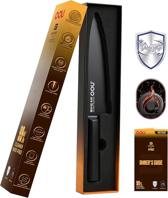 OOU® Black Blade 8 Inch Chef Knife with AgShield™ & Cerablack™ Technology, Rust-Resistant & Easy-Clean Finish, High Carbon Stainless Steel for Meat & Vegetables