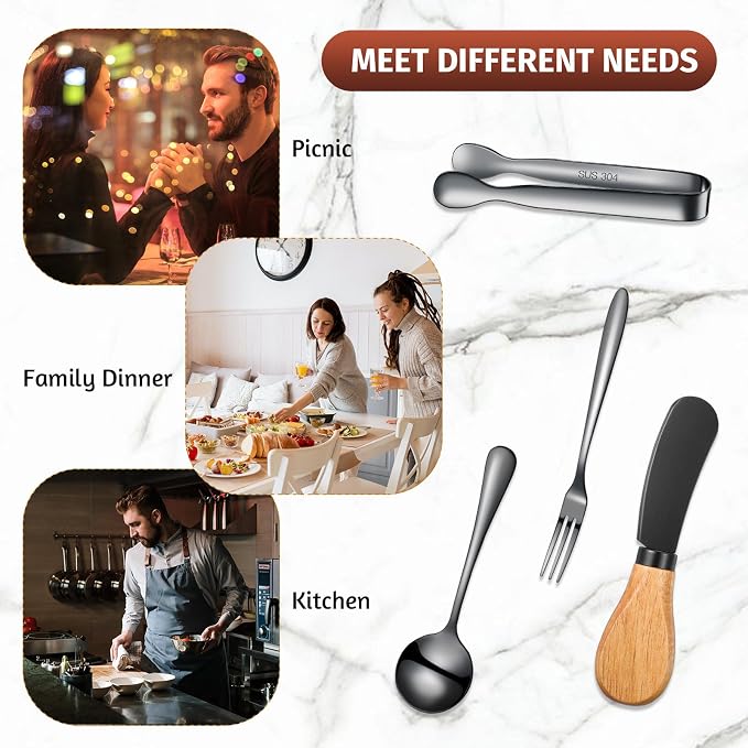 34 Pcs Charcuterie Board Accessories Cheese Butter Spreader Knives Set Stainless Steel Spreader Knives with Wooden Handles Charcuterie Boards Utensils Mini Serving Tongs Spoons and Forks, Black