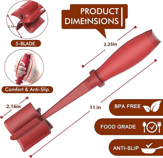 Shadowgallery 2Pack Meat Chopper,Heat Resistant Meat Masher for Hamburger Meat,Ground Beef Smasher,Nylon Chopper Utensil,Meat Ground,Non Stick Mix Chopper and Chop,Meat Masher Tool Gift(Red)