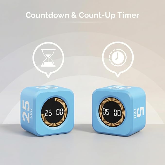 KADAMS Pomodoro Cube Timer Productivity Visual Timer - 5/10/25/50 Min Rotating Countdown (1, Blue)