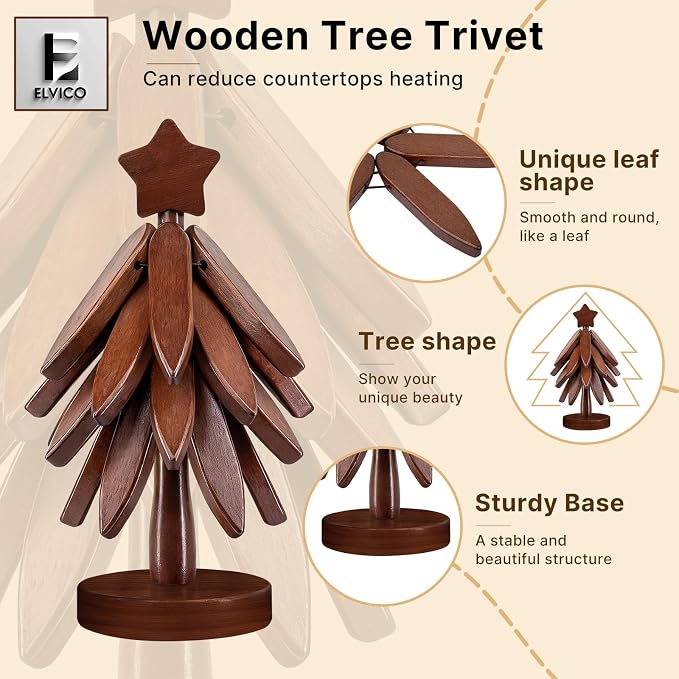 Wooden Trivets for Hot Dishes, Wooden Tree Trivet Set of 4 + 1 Stand Stored Like a Christmas Tree, Premium Heat-Resistant Natural Trivet Set for Kitchen Countertop, Bowl, Teapot