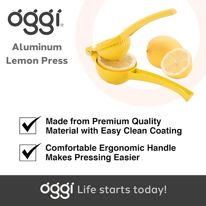 OGGI Citrus Lemon Press- Aluminum Lemon Juicer w/Non-Stick Coating, Ideal Hand Juicer, this Lemon Squeezer is a Great Addition to Your Kitchen Accessories, Yellow