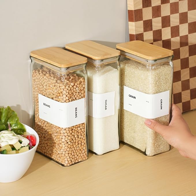 Glass Storage Jars with Bamboo Lid, glass canisters with airtight lids, Clear jars with lids for Spice, Cookie, Candy, Tea, Coffee Bean and Rice (White, 67 oz, Set of 3)