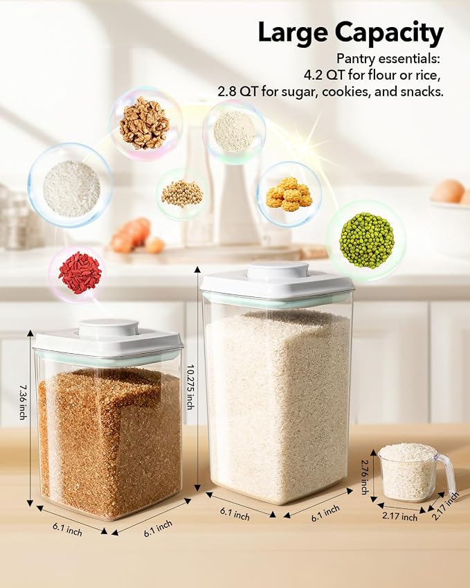 Food Storage Container Sets, 2.8 Qt + 4.2 Qt *2 Airtight Canisters with Lids and 130ml Scoop, BPA-Free Plastic Pantry Containers for Flour, Sugar, Rice