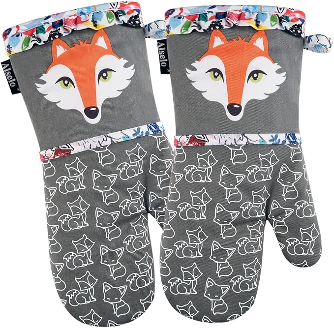 Alselo Oven Mitts, Heat Resistant Kitchen Mittens with Soft Quilted Cotton Lining Set of 2, Fashion Animal Design with Silicone Printing Anti-Slip Gloves for Baking Cooking Barbecue (Gray 2)