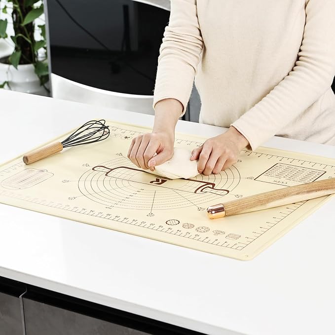 Silicone Baking Mat, Extra Thick Dough Rolling Pad with Measurements and Edge Heightening, Non-stick Food Grade Silicone Pastry Mat for Pastry, Bread, Cookies (Beige Edge Up, 20"L x 28"W)