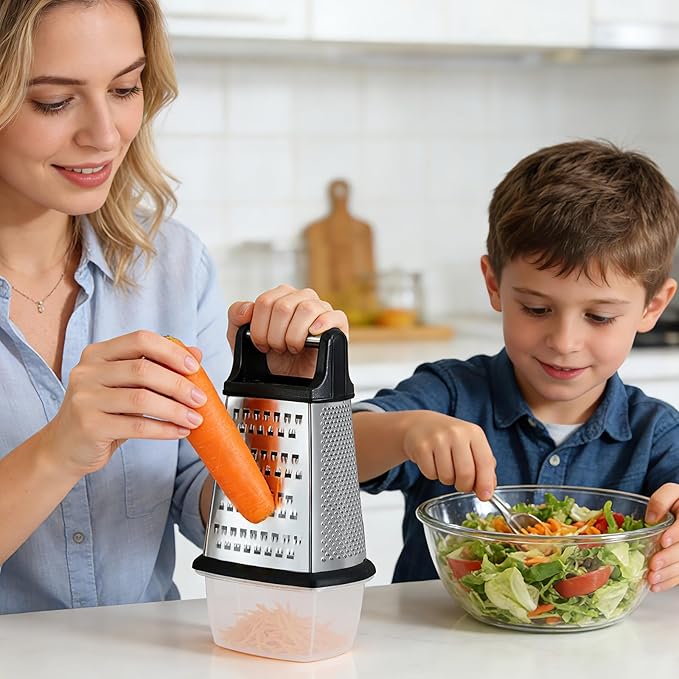 Ourokhome Cheese Grater, Handheld Box Grater with Container & Lid, 4-Sided Stainless Steel for Kitchen, Wavy Julienne, Slicer, Coarse Shred & Fine Zester, Non-Slip Base, Dishwasher Safe, 8 Inch