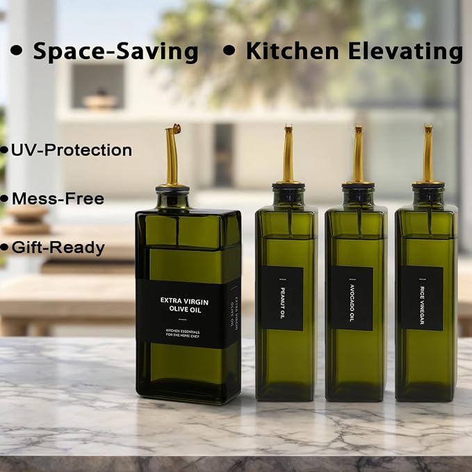 Olive Oil Dispenser Bottle for Kitchen 16.9oz, UV-Blocking Oil and Vinegar Dispenser Set, Leakproof Oil Container for Home, Restaurant (Green, Set of 4)