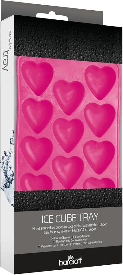 BarCraft Silicone Ice Cube Tray, Heart Shaped Ice Cube Moulds, 26 x 12cm, Pink