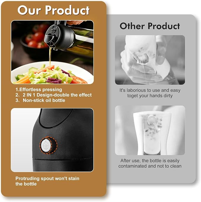 Poshetion 2 in 1 Olive Oil Sprayer for Cooking, 16oz Light-Proof Oil Dispenser for Kitchen, Leak-Proof Oil Spray Bottle for Air Fryer, Salad, BBQ, Baking, Grilling - Black & Black