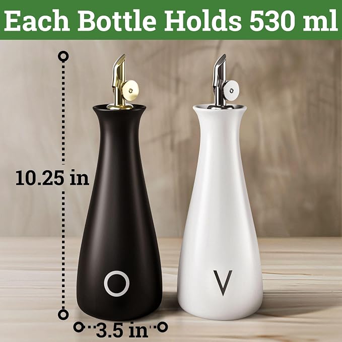 Ceramic Oil and Vinegar Dispenser Set of 2 with Self-Closing Spouts, 530mL | Leak Proof Dispensing Bottle, Stainless Steel Self-Closing Spout, Ergonomic, Durable, Easy Pour, Stylish, 530mL Capacity Each