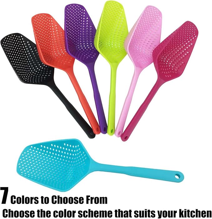 SEIWEI Large Strainer Spoon, Long Handle Tool Colander Draining Scoop, Heat-Resistant Pasta Strainer Cooking Kitchen for Spaghetti, Noodles, Veggies, Non-Slip Grip & Hanging Loop, 13.5'', Red