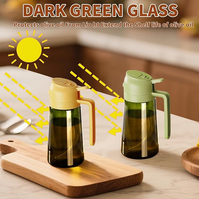SWEET VIEW Olive Oil Dispenser and Oil Sprayer | 16oz/470ml Glass Light-Proof Oil Pourer for Kitchen Air Fryer, Cooking, Salad, and BBQ, with Stickers