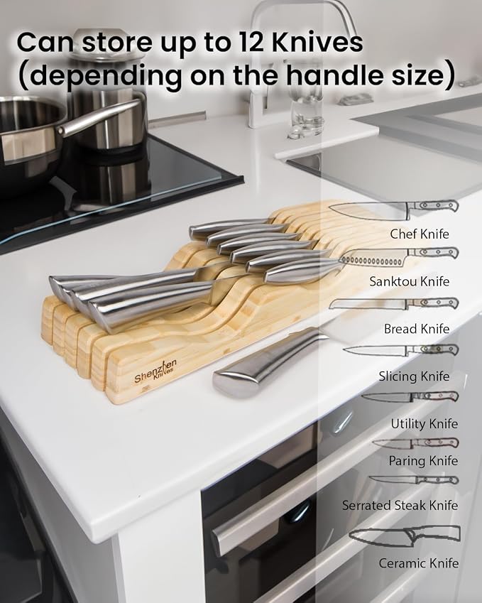 Shenzhen Knives Large In-Drawer Plastic Knife Block: 11 Slot (Holds 10-12 Knives) Empty Knife Holder for Kitchen Drawers - Cutlery Tray Organizer & Storage