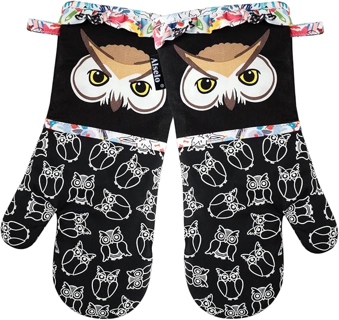 Alselo Oven Mitts, Heat Resistant with Soft Quilted Cotton Lining Set of 2, Fashion Animal Design with Silicone Printing Anti-Slip Kitchen Gloves for Safe Backing Cooking Barbecue(Black 2)
