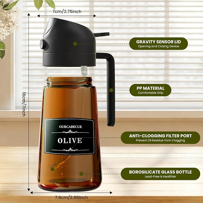 OURCABECUE 2 in 1 Olive Oil Sprayer for Cooking, 16oz Olive Oil Dispenser Bottle for Kitchen, Light-Blocking Dark Glass Oil Bottle, Food-Grade Oil Mister with 8 Oil Stickers (Amber Bottle-Black Cap)