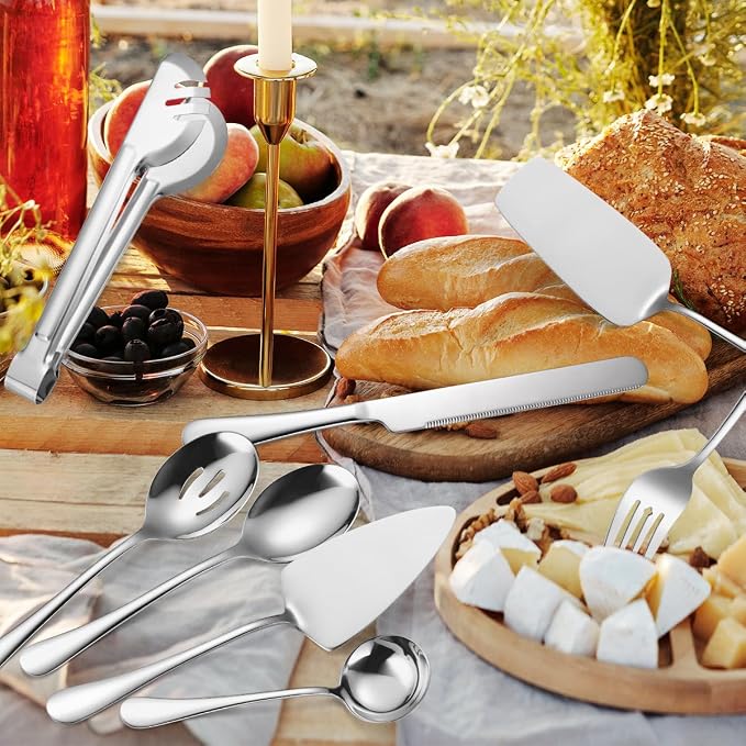 AARAINBOW Home Serving Utensils Set Large, 8 Pcs Stainless Steel Serving Utensils for Parties Buffet, Food Serving Utensils Steel Buffet Serving Utensils Large (Silvery)