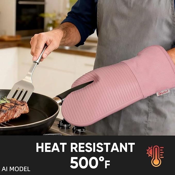 YUTAT Silicone Oven Mitts,High Heat Resistant Up to 500 Degrees,Waterproof Cooking Gloves with Soft Polyester Filling,Kitchen Potholder Set - Perfect for BBQ,Baking and Cooking,Pink,2 Pcs Set