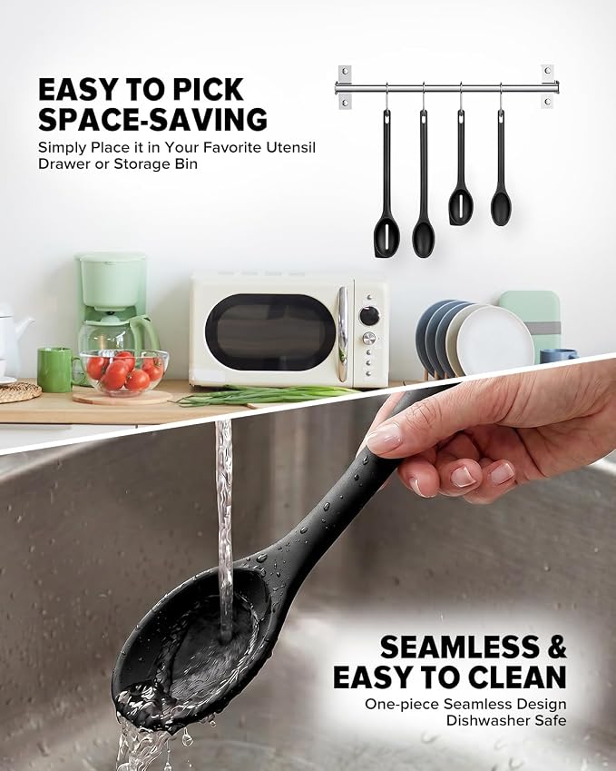 Silicone Cooking Spoons Set, Heat Resistant Kitchen Utensils, Non-Stick BPA Free Solid & Slotted Spoons for Mixing, Scooping, Draining, Serving, Basting (4 Pack) (BLACK)
